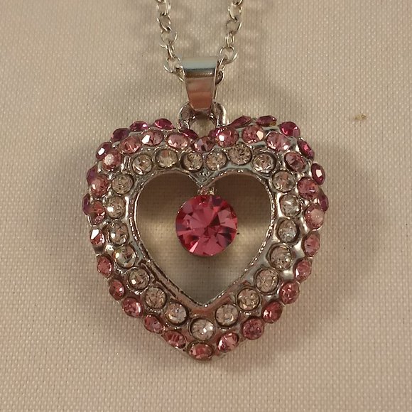 Silver Plated Heart Layered Rose Pink Diamond Crystal Necklace .66ctw Party Gift - Picture 3 of 4